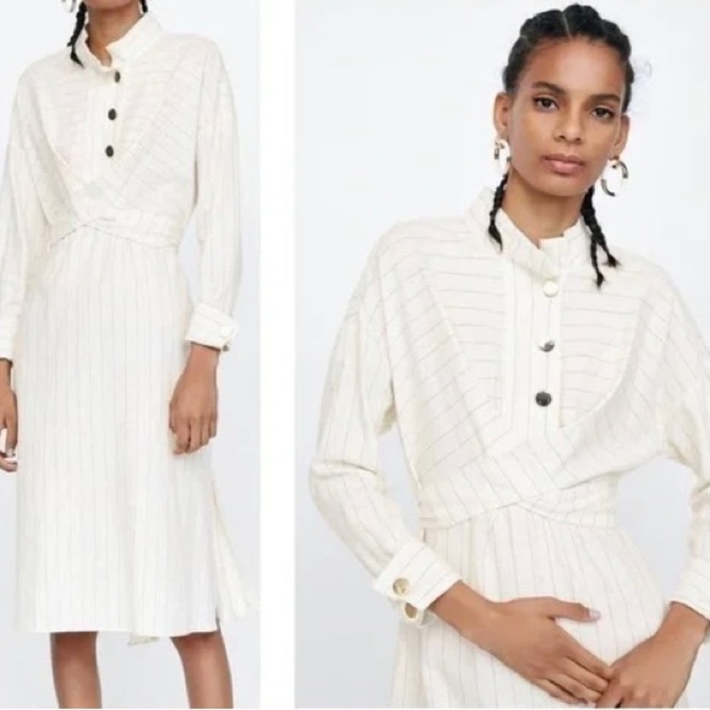 ZARA Basic Gold Button Linen Pinstripe Robe Midi Dress in Natural Cream XS